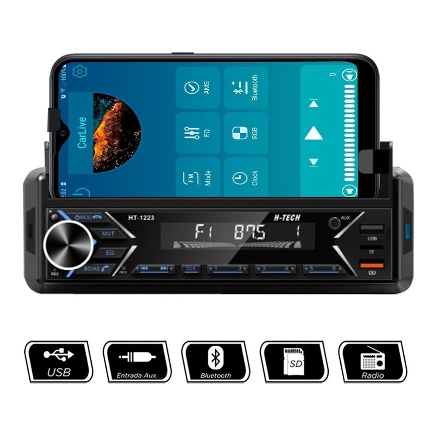 Auto Radio Bluetooth H-tech C/ Suporte De Celular E Controle Remoto