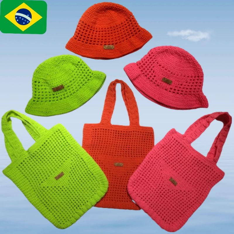 Bolsa Sacola de Praia Tipo Prada + Chapéu Bucket Hat em Crochet | Shopee  Brasil