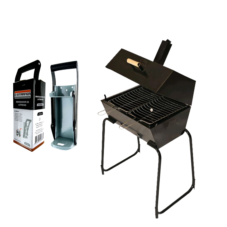 Kit Churrasqueira Portátil Desmontável a Bafo Fercar + Amassador de Latinhas 475ml Starfer