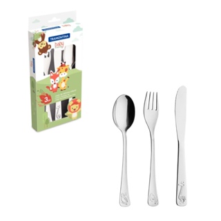 Jogo de Talheres Infantil Tramontina 3 Peças Aço Inox Acabamento Brilho com Desenho em Alto Relevo Baby Friends em Oferta na Shopee