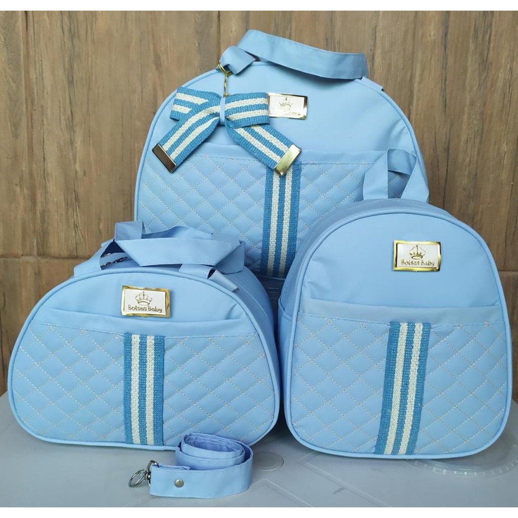 kit 3 peças Bolsa Maternidade Modelo Super Luxo Mega Promoção Azul Bebê