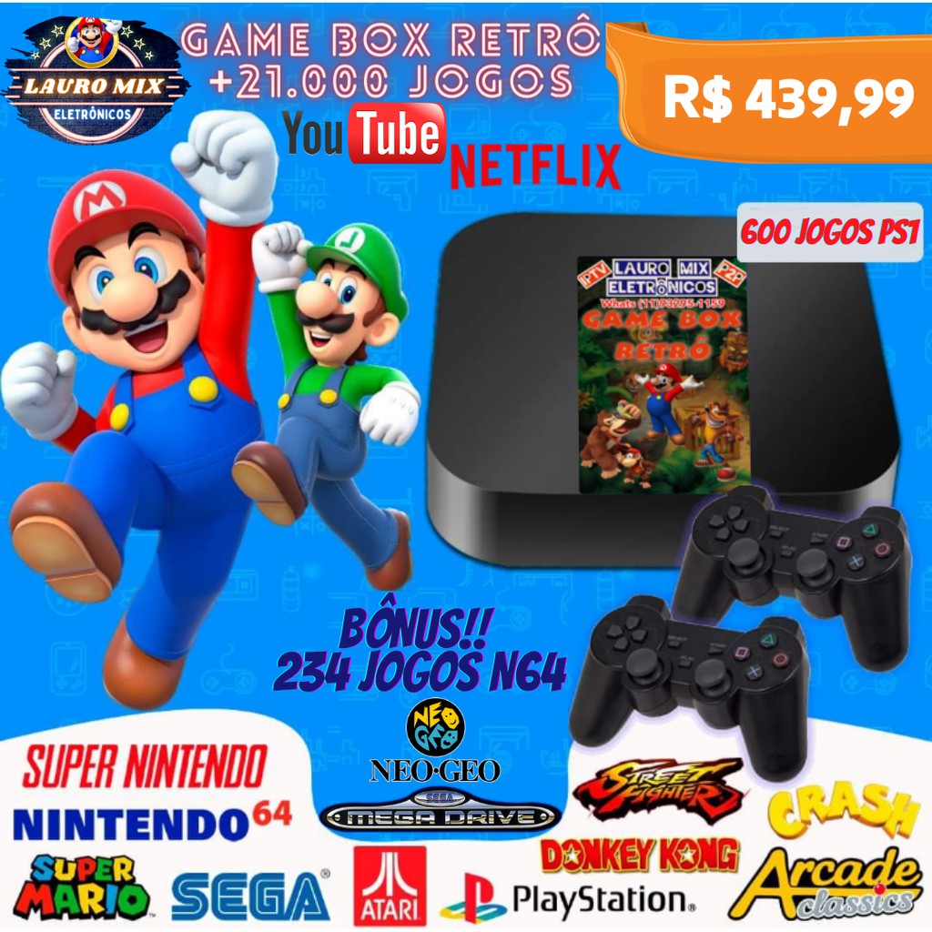 Super "Kit Game Box Retrô +21.000 Jogos" (2x Contr. PS2 USB)