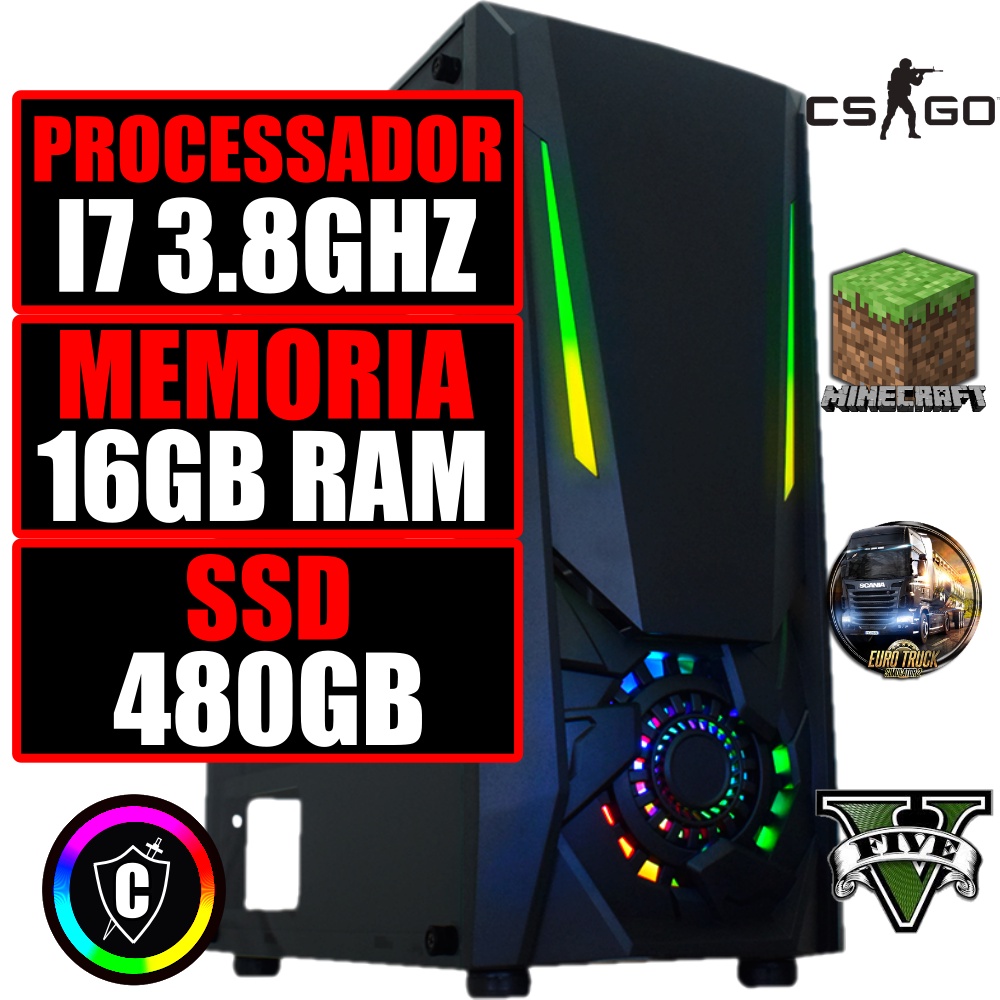 PC Gamer Cpu Computador Barato Leds Rgb Intel Core i7 3.8Ghz / 16GB de RAM / Fonte 600w