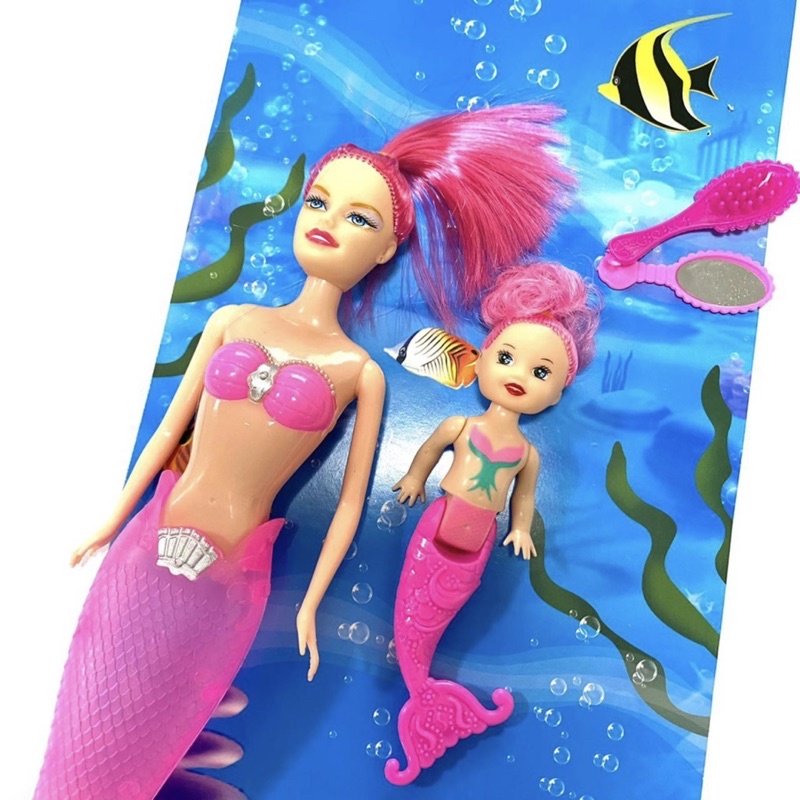 Boneca de sereia + sereia pequena com espelho e pente,  pisca cauda, presente pra meninas
