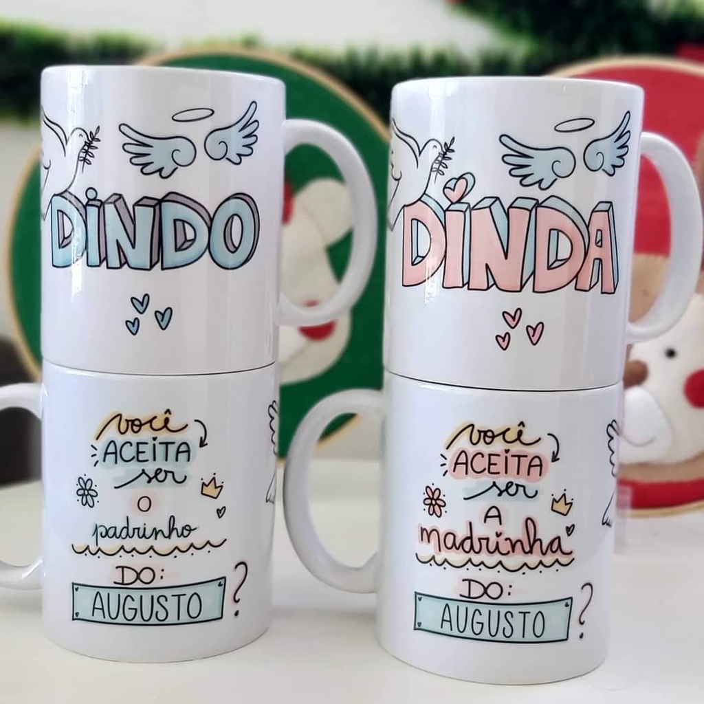 Caneca xícara personalizada Dindo e Dinda Convite.