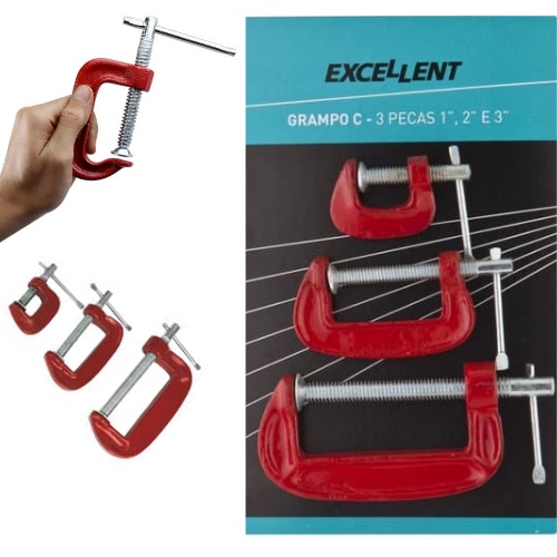 Kit Grampo Sargento Tipo C Com 3 Peças 1, 2 E 3 Polegadas