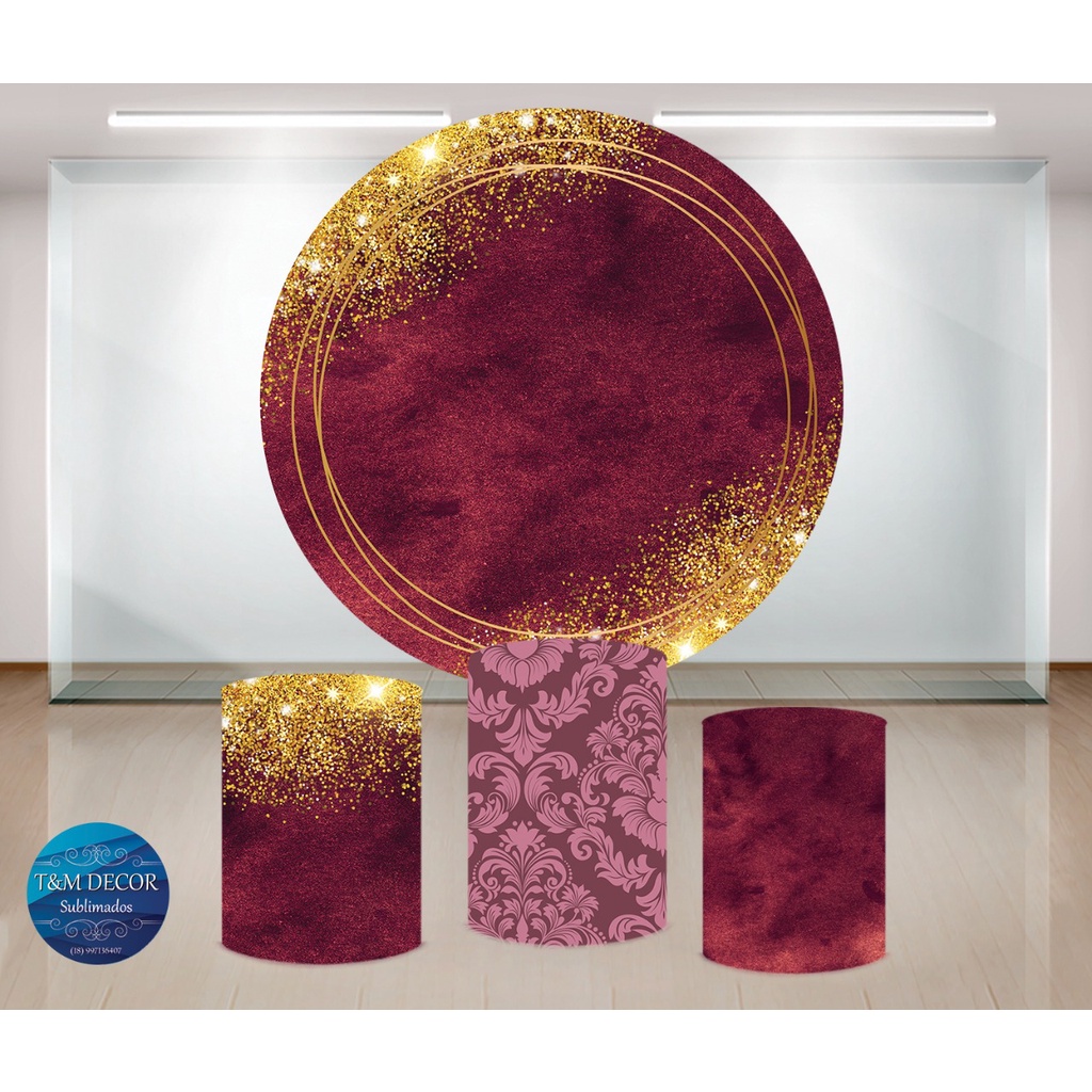 Kit Painel Redondo + Trio De Capas - Marsala Com Glitter
