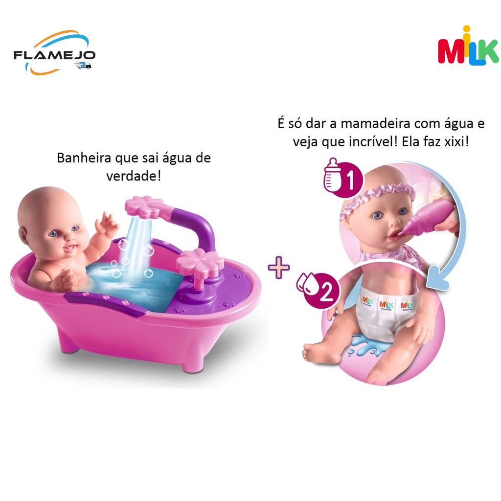 Boneca Milkinhas Petit Banho Com Banheira Que Sai Água de Verdade + Sapekinha Faz Xixi De Verdade acessórios