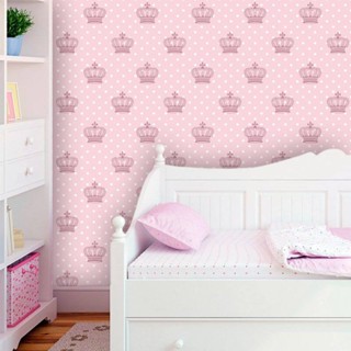 Papel de Parede Infantil Rosa com Poá e Coroas em Oferta na Shopee