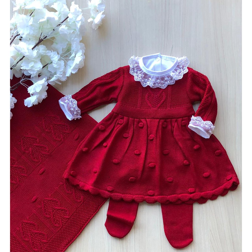 Saída de maternidade vermelha menina vestido tricot 4 peças