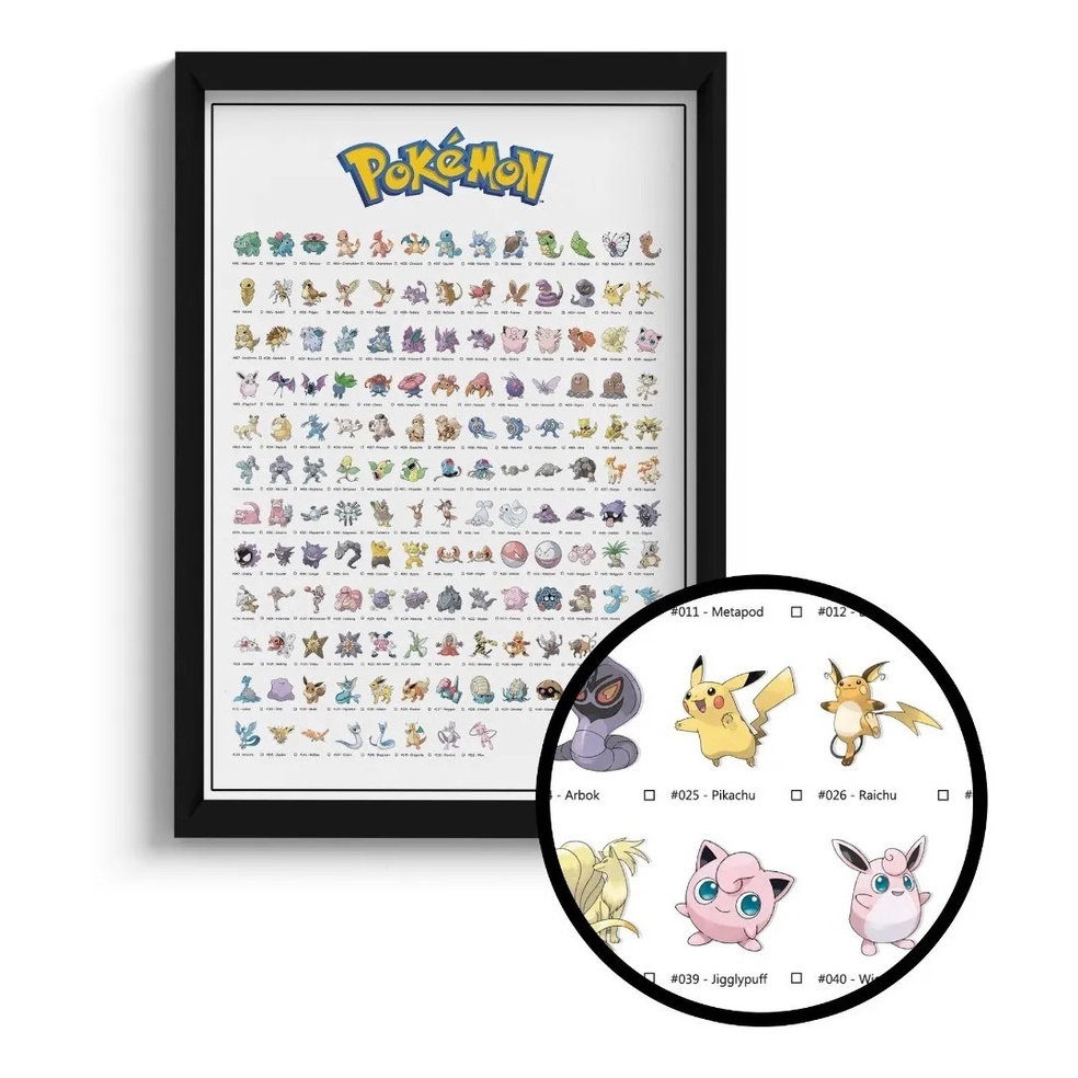 Quadro Todos Pokemon Da 1º Geração Com Moldura E Vidro