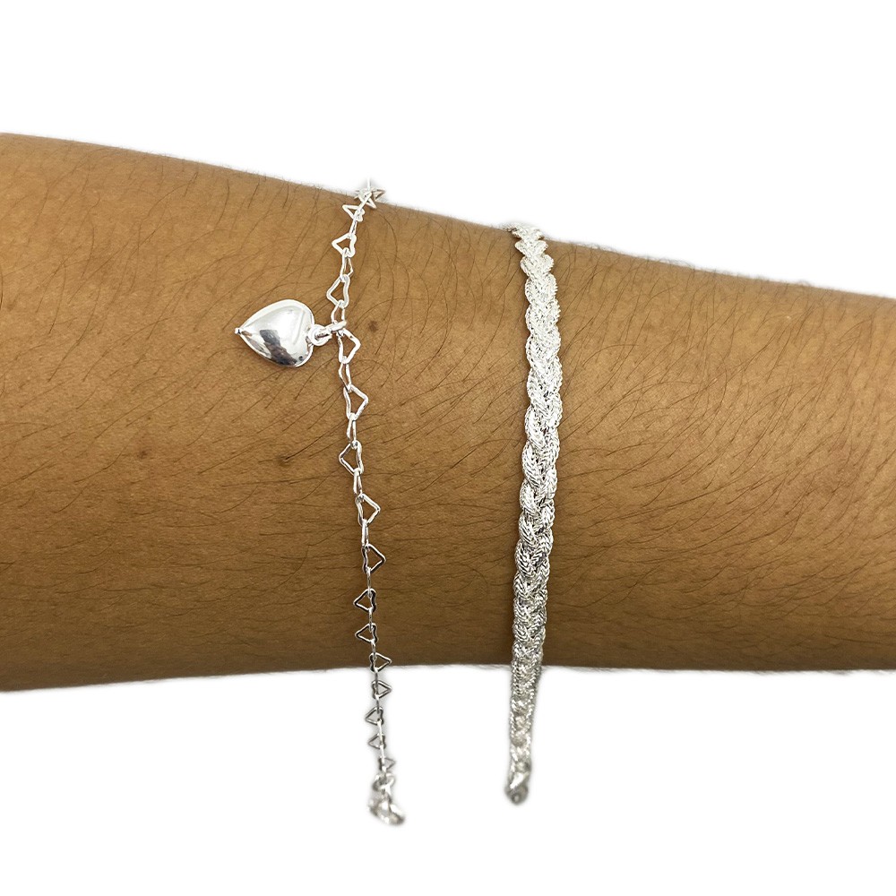 Kit 2 Pulseiras Braceletes Feminina Folheadas Prata 925 Legítima