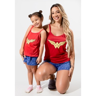 Kit Pijama RLC Modas Mãe e Filha Estampa Mulher Maravilha Baby Doll Verão