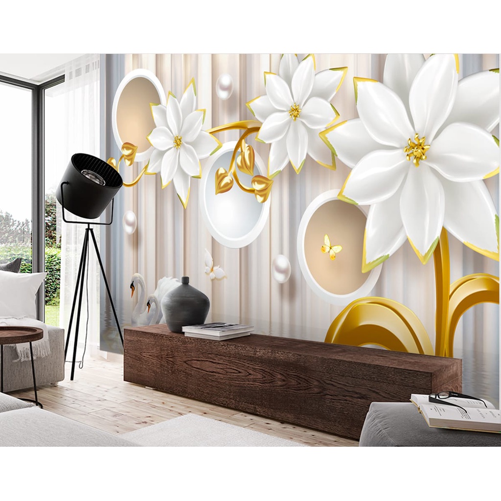 Papel de Parede Painel Adesivo PERSONALIZADO na medida da sua parede. Preço  por M². Painel Floral com efeito 3D - Flores Brancas e Douradas | Shopee  Brasil
