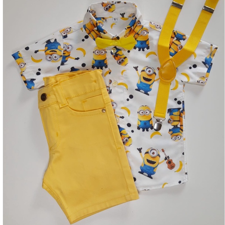 Conjunto Temático Minions Completo - Contendo Camisa, Short, Suspensório + Gravata.