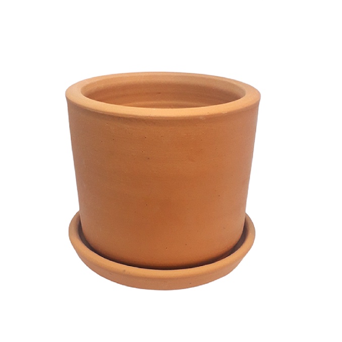 Vaso Cilindro De Barro Com Prato Cachepot Cerâmica 18x16