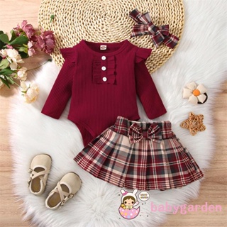 BABYGARDEN-0-18 Meses Baby Girls 3Pcs Outfit , Romper De Manga Comprida Nervurada + Saia Plissada + Conjunto De Faixa De Cabeça em Oferta na Shopee