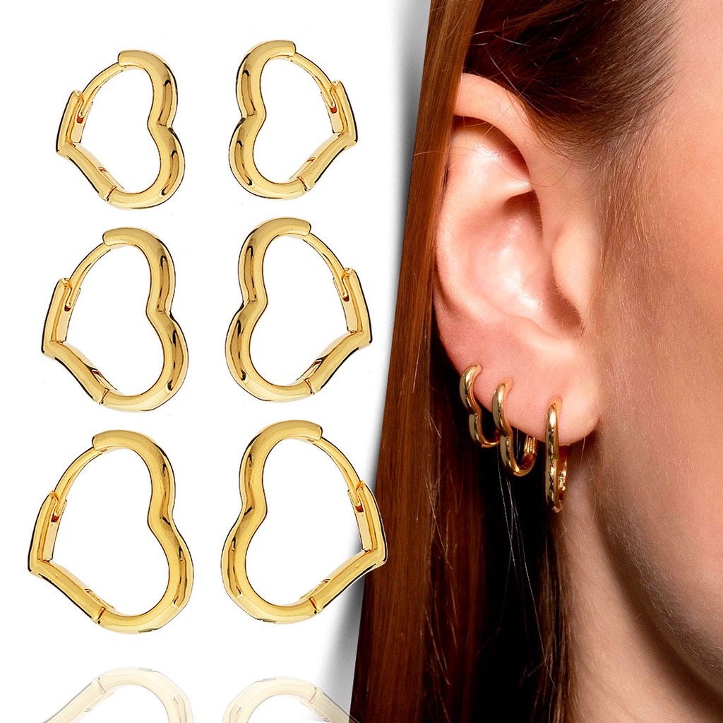 Kit Trio de Argolinhas de Coração Lisa Folheado a Ouro 18K SEMI JOIA Feminino Moda
