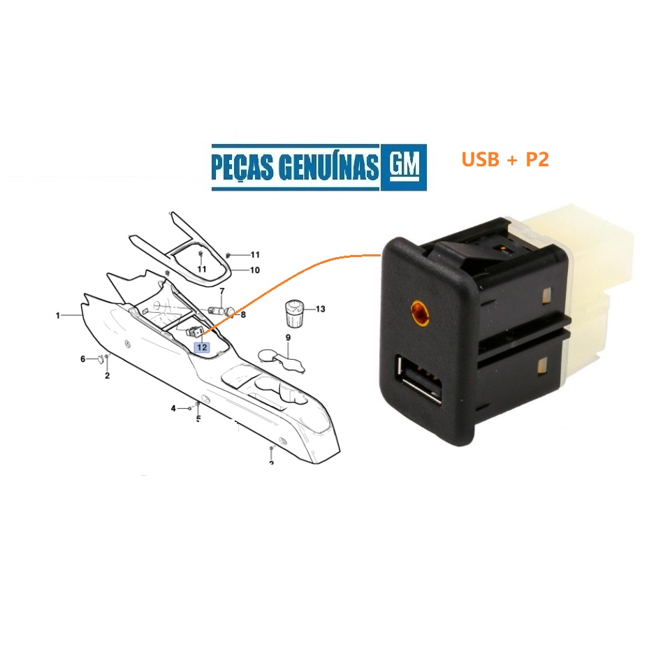 Tomada Carregador USB com P2 Cobalt, Onix, Prisma, Sonic, Tracker 2 95224941