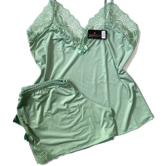 Pijama  Short Doll Baby Doll Plus Size Liganete Liso Premium Com Renda Tahoane