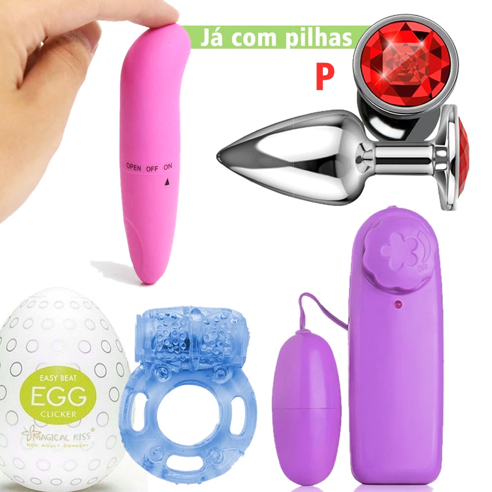 Kit CompletÃo Plug Anal Joia Vibrador Bullet Ponto G Egg Anel Peniano Com Pilhas 8324
