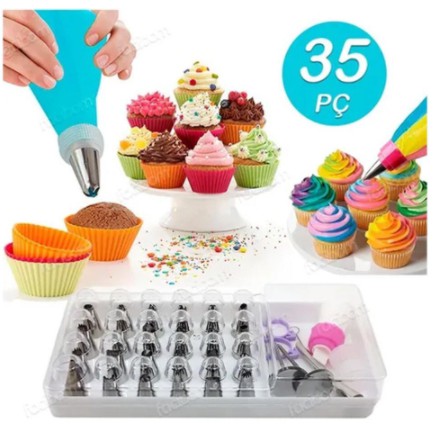 Kit Profissional Confeiteiro Bicos e Saco Para Confeitar 35 Peças Bicos em Aço Inox Decorar Bolos Tortas Cakes