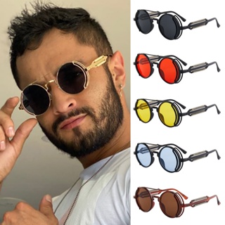 Óculos De Sol Masculino Redondo Steampunk Gótico Do Vintage Com Primavera Dupla UV400 em Oferta na Shopee