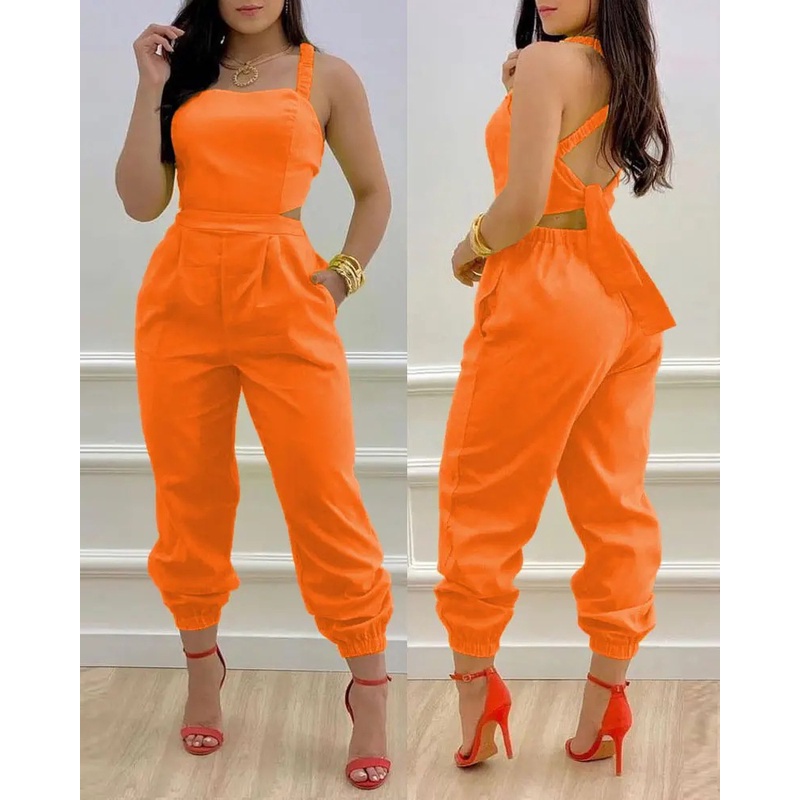 Macacões Longos Elegantes Sem Mangas Com Estampa Casual De Verão Sexy Hollow Out Costas Lace Up Romper Lady Square Neck Jumpsuits — imagem 2 de 2