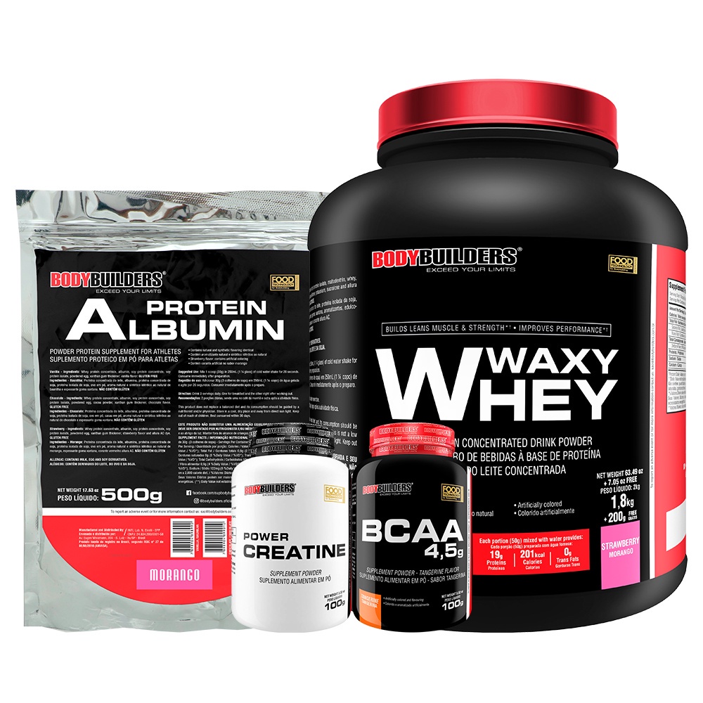 Kit Whey Protein Waxy Whey 2kg + Albumina 500g + BCAA 100g Tangerina + Power Creatina 100g - Bodybuilders