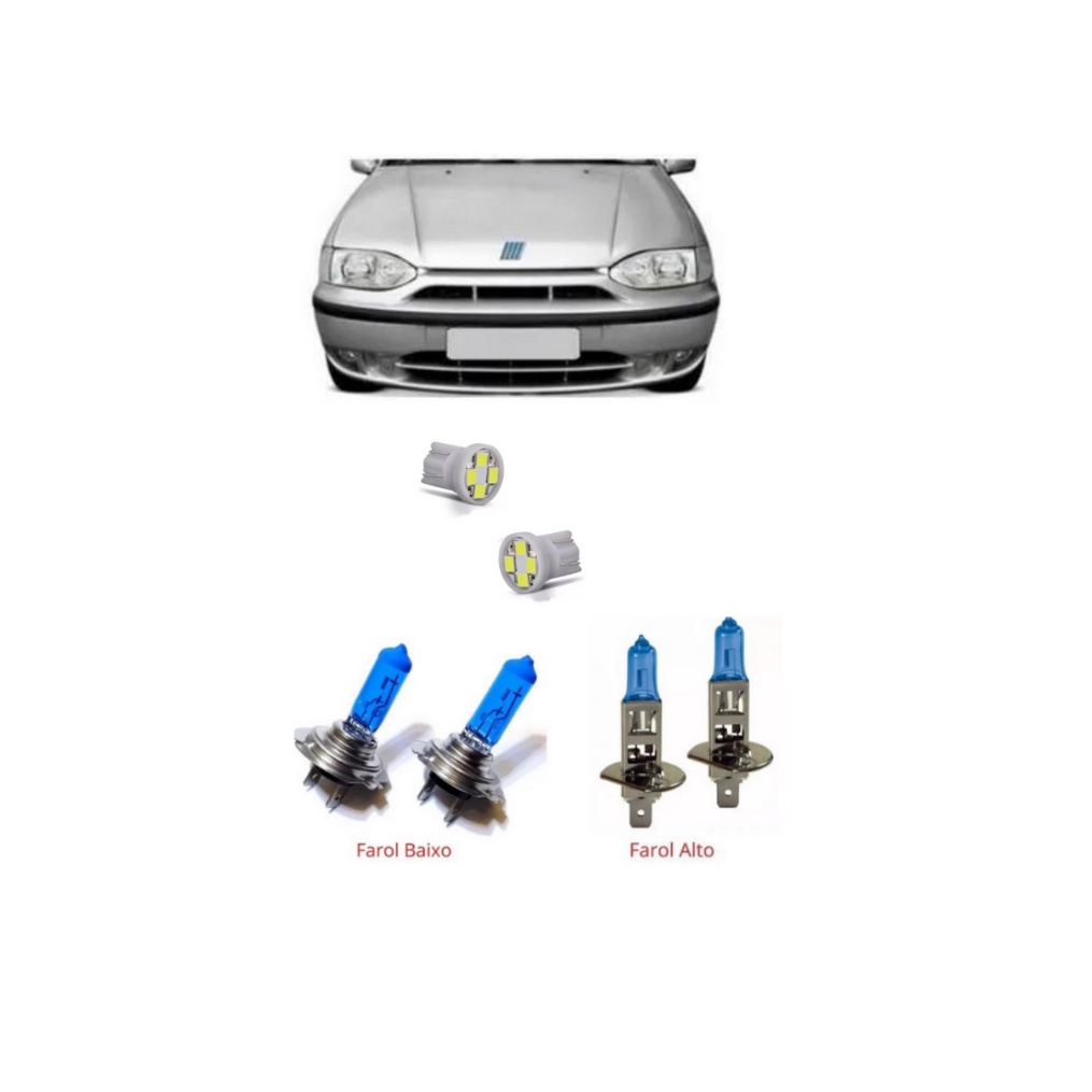 Kit Lâmpadas Super Branca Fiat Palio Siena G1 Farol Foco Duplo Alto H1 Baixo H7 1996, 1997, 1998, 1999, 2000, 2001, 2002