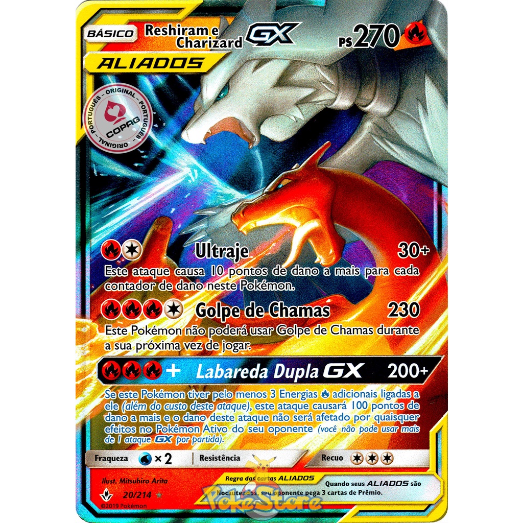 Carta Pokemon Reshiram e Charizard GX Aliados Full Art Português Card Original Copag Promo SM201 ou 20/214
