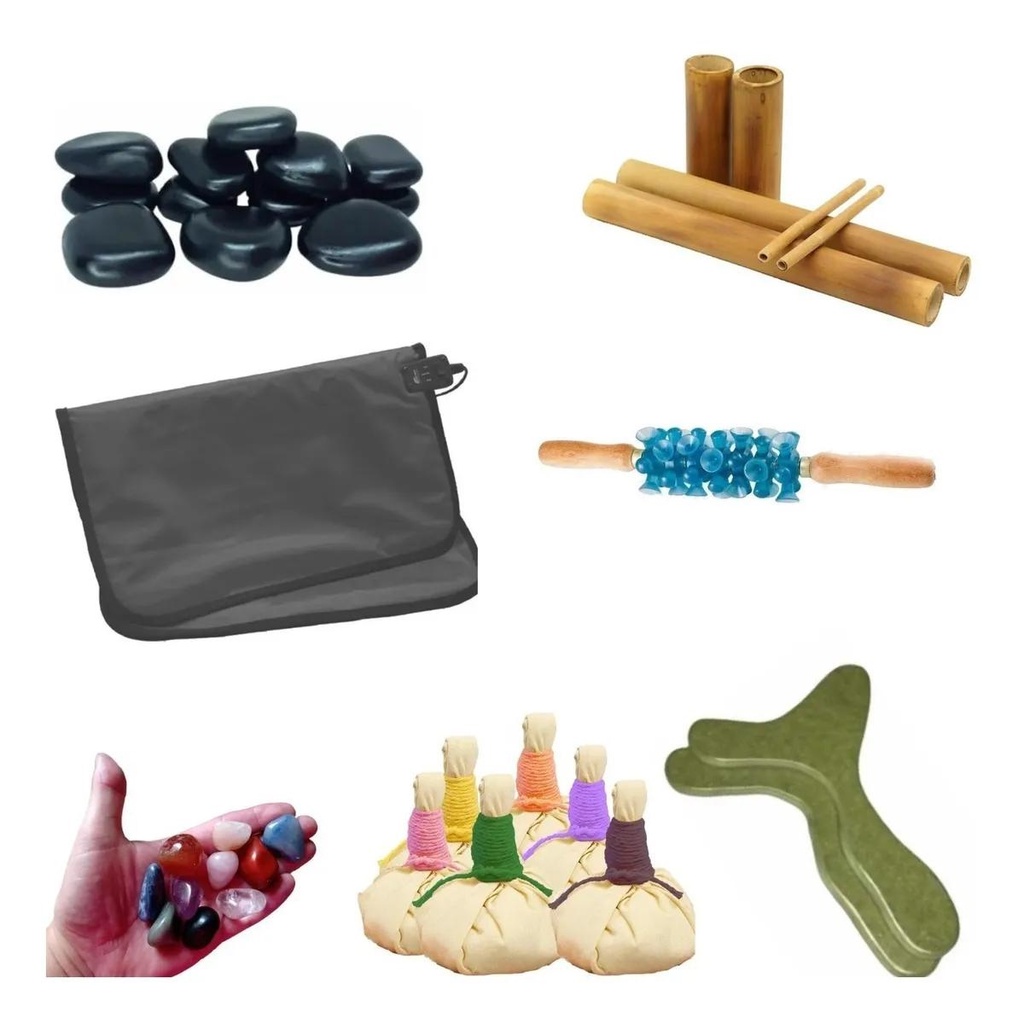 Kit completo de massagem 12 Pedras Quentes + Bambus + Pantala + Pindas + Ventosa turbinada + Manta termica