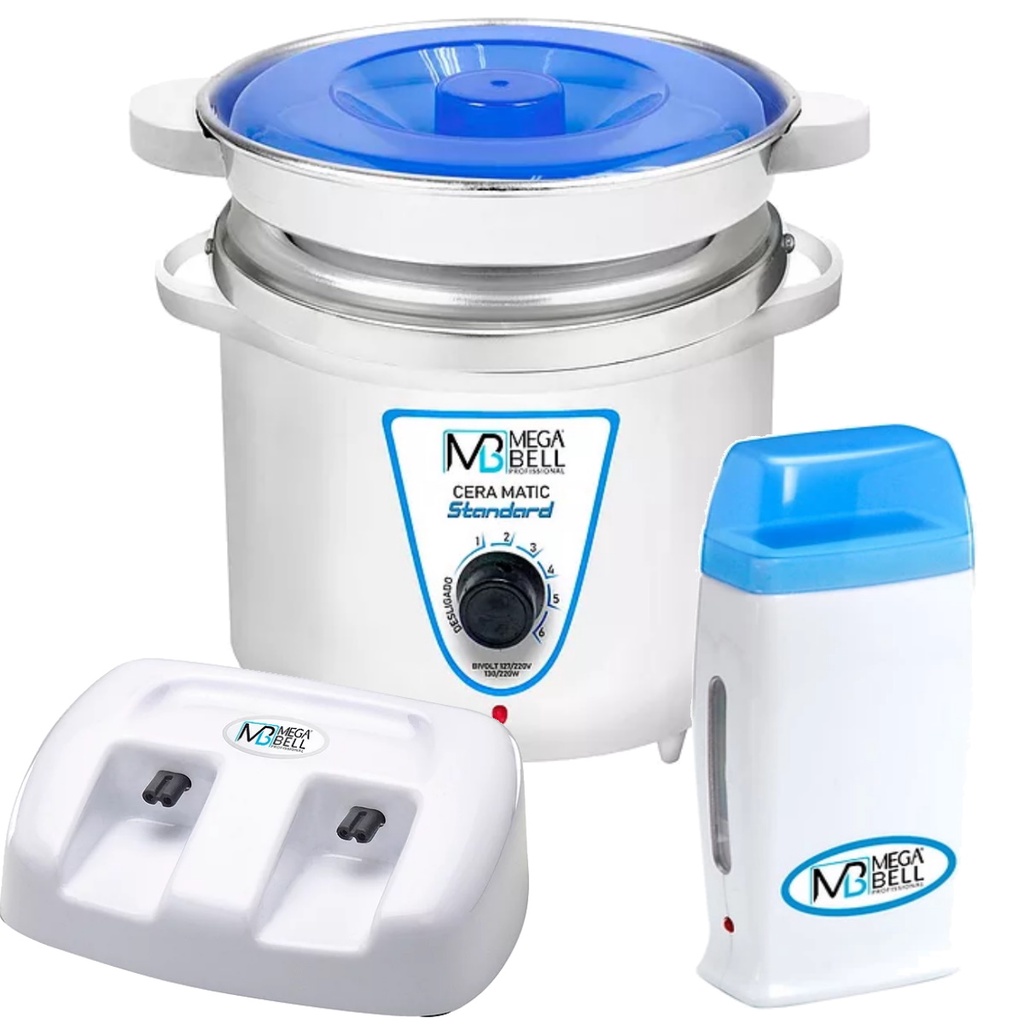 Termocera Panela Depilação 900g  c/ Refil + Base Dupla c/ 1 Rollon Branco c/ Azul Mega Bell