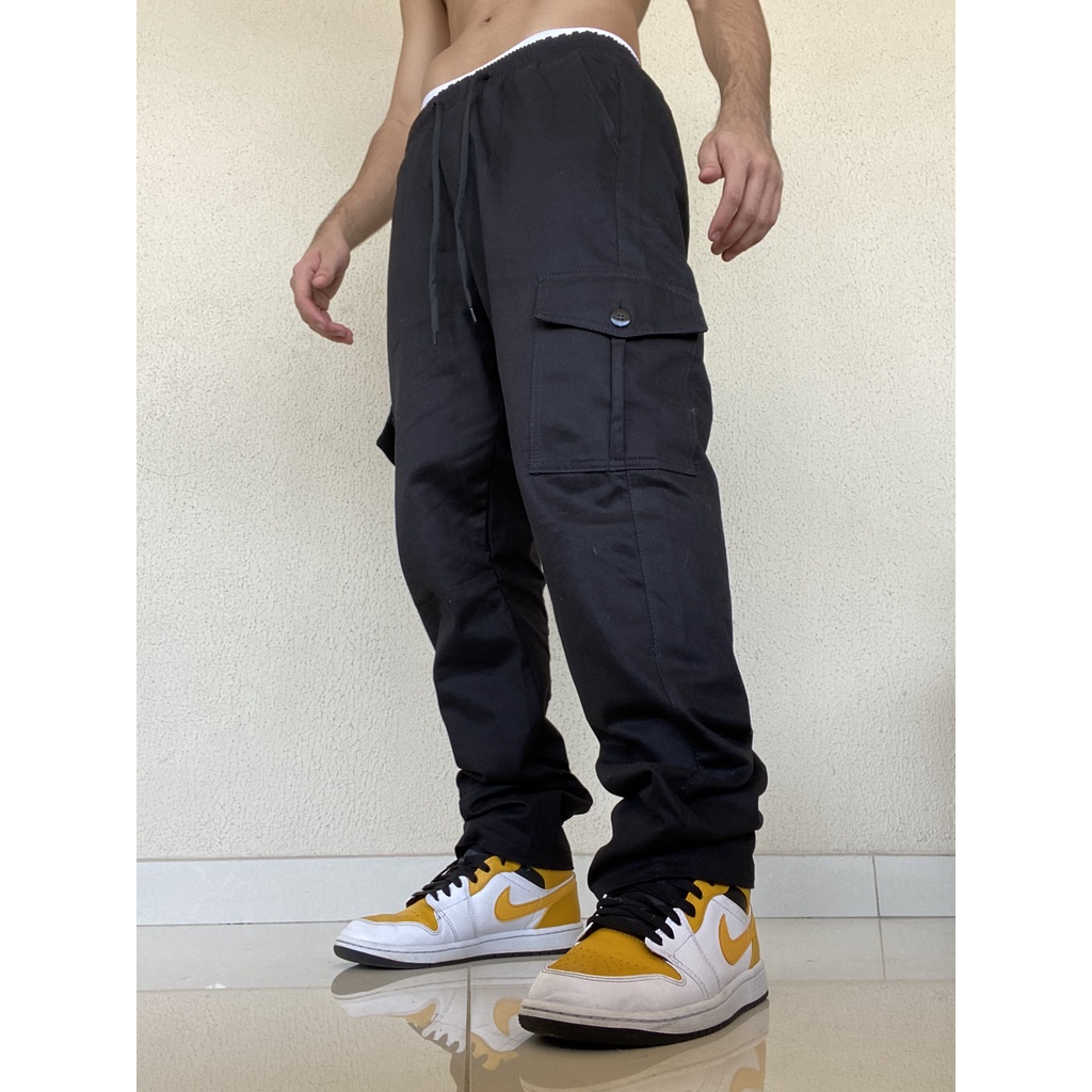 Calça Cargo Skate Caqui bege Preta Streetwear Larga Feminina Masculina  Unissex Casual Skatista 5 Bolsos Fechamento Cordão Moda