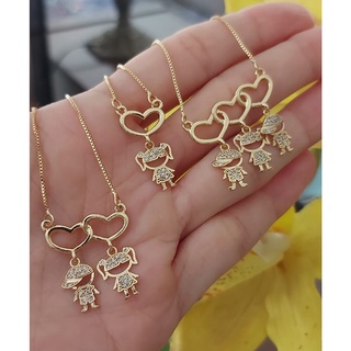 Colar Corrente com Pingente Filhos Menino Menina Casal Zircônias Banhado Folheado Ouro 18k