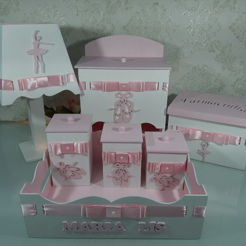 Kit higiene bebe bailarina  7peças MDF- jogos de potes,bandeja...