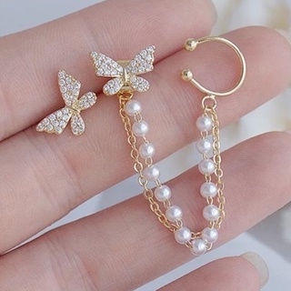 Brincos Piercing Fake Feminino - Borboletas Strass Pérolas Ouro- De Luxo Elegante