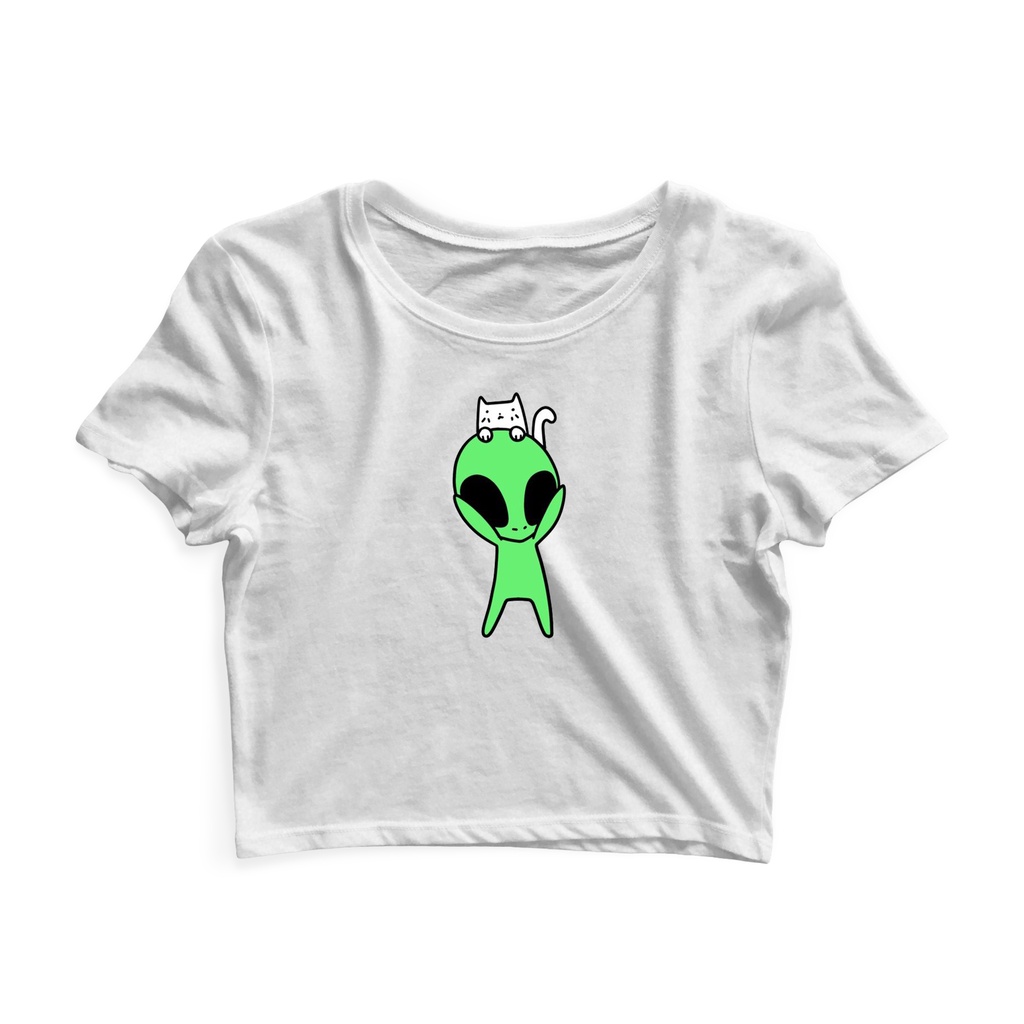 Cropped Blusinha Manga Curta As Braba Alien Gato Branco