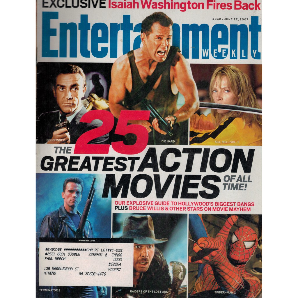 REVISTA E.WEEKLY, COM SEAN CONNERY, BRUCE WILLIS, UMA THURMAN, ARNOLD SCHWARZENEGGER, HARRISON FORD E TOBEY NA CAPA.
