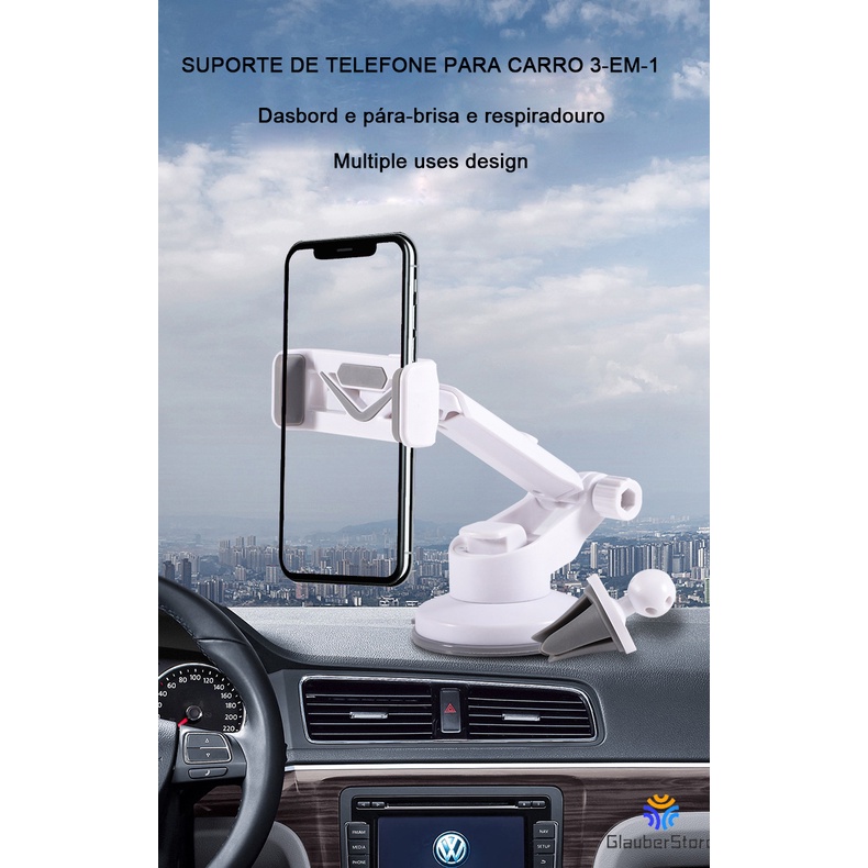 Suporte Celular GPS Carro Resistente Firme Haste Ajuste Prolongável Rotação 360 Base Universal Veicular Ar Condicionado Celulares Telefone