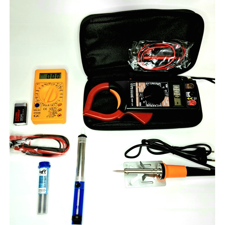 KIT ALICATE AMPERÍMETRO/FERRO SOLDA 60w/55W 110/MULTÍMETRO/SUGADOR/ESTANHO/ESTANHO