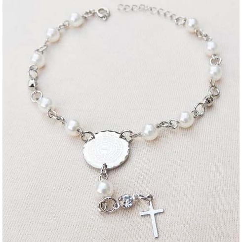 Pulseira Terço Pingente Pai Nosso Perolas Folheado A Prata