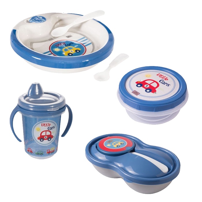 Kit Refeicao Infantil Bebe Menino Prato Termico Com Colheres Copo Pote Papinha Carrinho