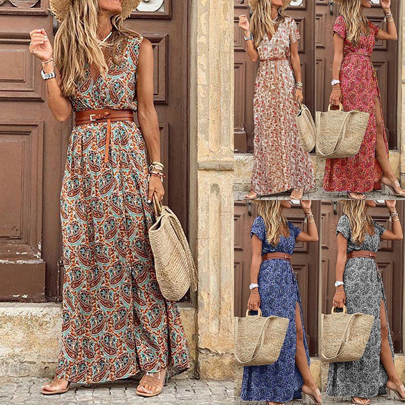 2022 Verão Boho Vestido Longo Mulheres Casual Paisley Cinto De