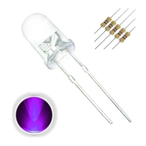 Kit 10 Unidades Led Ultravioleta Uv Alto Brilho 5mm + Resistor 12v 470