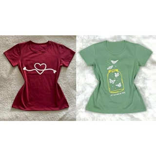 Kit 2 peças - Coração - Borboletas - Tshirt Feminina Camiseta Baby Look 100 % Algodão