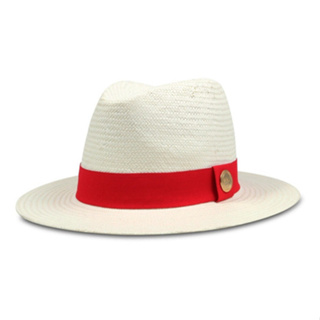 Chapéu Estilo Panamá Shantung Creme Aba Media Faixa Vermelha em Oferta na Shopee