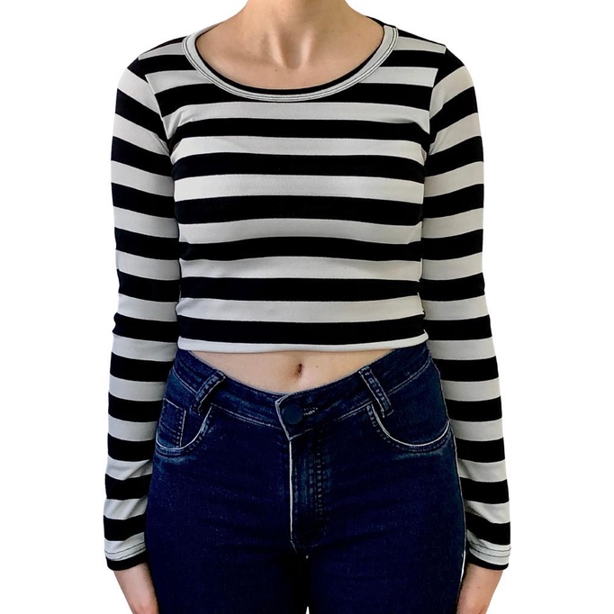 Cropped manga longa LISTRADO (preto com branco) 96% algodão 4% elastano.
