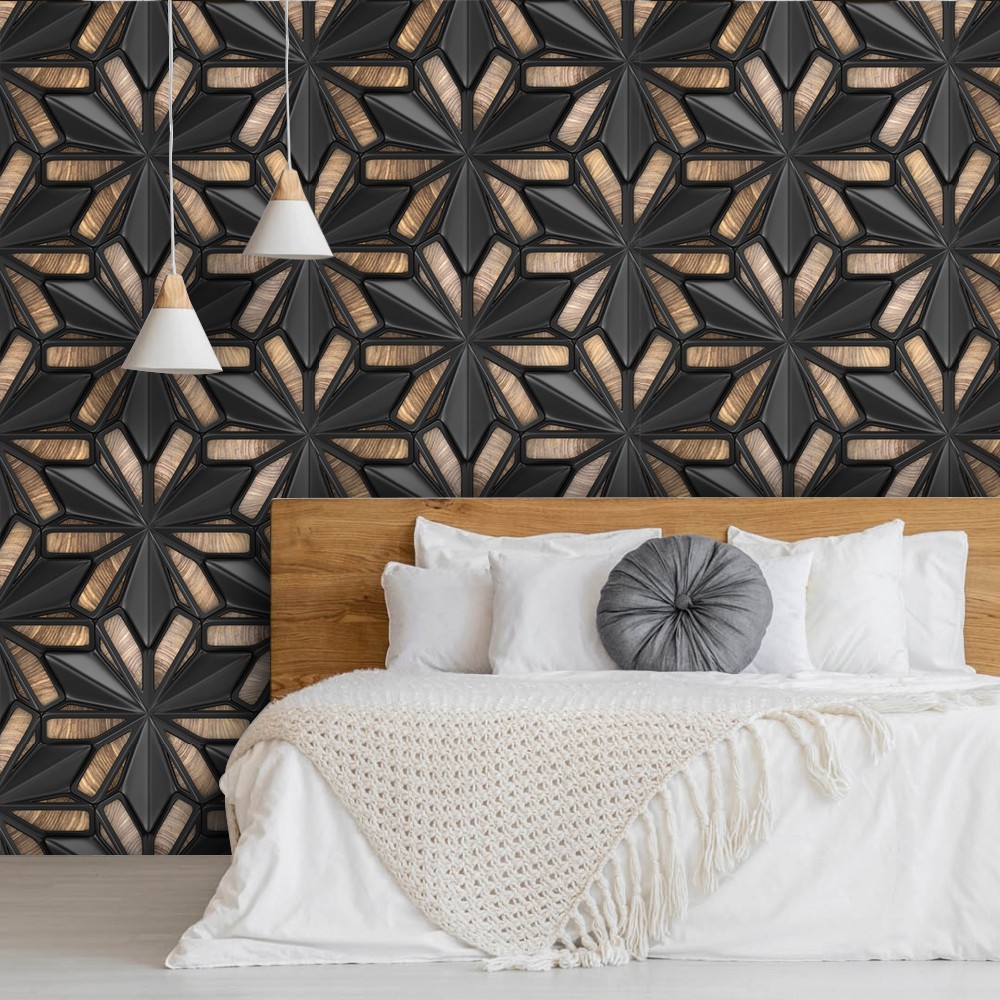 Papel de Parede Adesivo Autocolante Design 3D Lançamento Quarto e Sala Geométrico Preto Amadeirado Sob Medidas