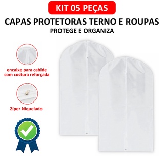 Kit 05 Capas Terno e Roupas com Zíper TNT Impermeável Protetor Roupas Terno Viagens Branco